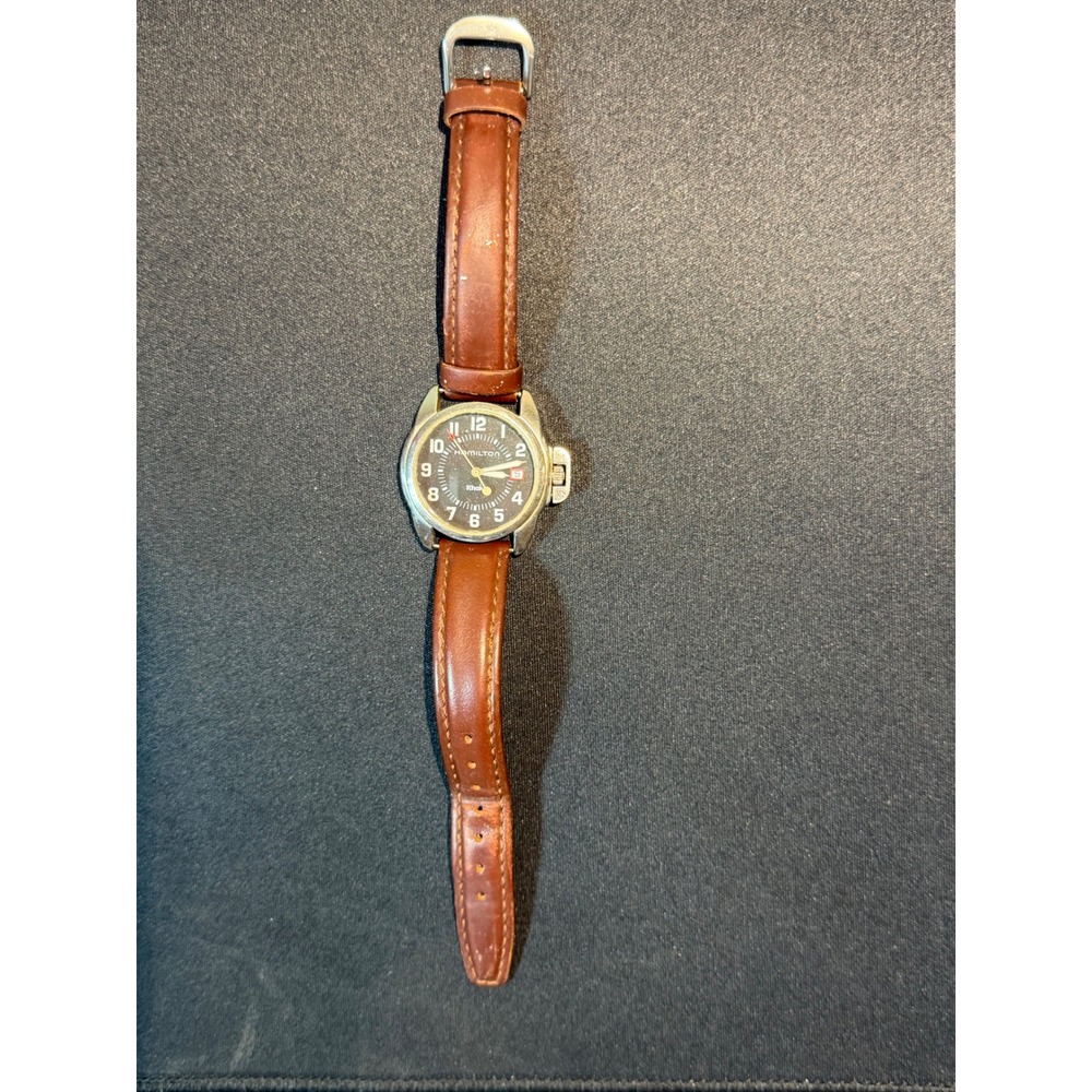 Hamilton Khaki Action Quartz Watch 6301 Black Dial Brown Leather Strap 36mm
